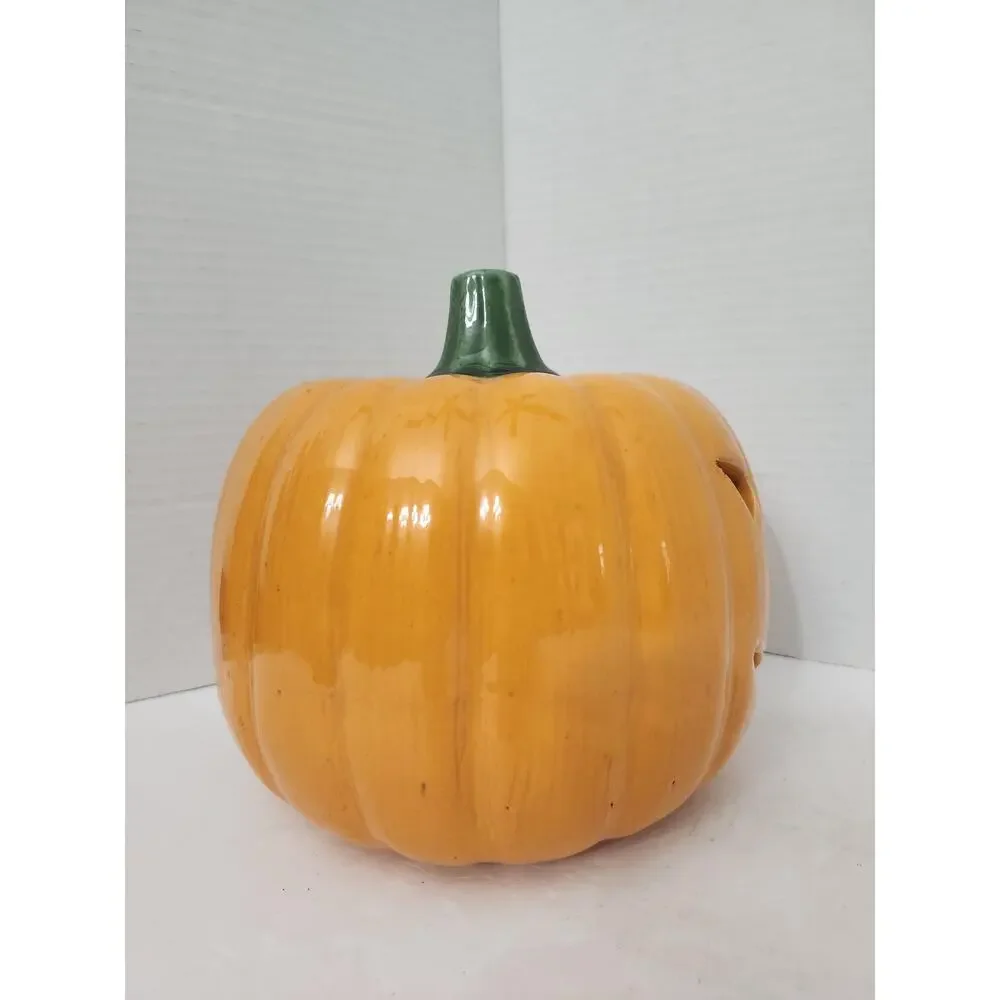 Halloween Ceramic Jack O Lantern Pumpkin Candle Cover Glazed Orange
